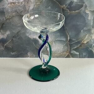Hand Blown Margarita Glass 8" Blue & Green Twisted Stem Green Base